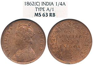 Victoria Queen, Copper ¼ Anna, 1862, Calcutta Mint, A / I, (Prid 600). NGC graded MS63RB (