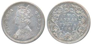 Victoria Queen, Silver 2 Annas, 1862, Calcutta Mint, No mint mark. About Uncirculated.