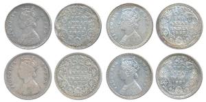 Victoria Queen, Silver 2 Annas, (2), 1862, Calcutta Mint, No mint mark; 1874, Calcutta Min