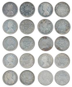Victoria Queen & Empress, Silver 2 Annas (10), 1862, Calcutta Mint, No Mint mark; 1874, Ca
