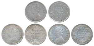 Victoria Queen & Empress, Silver 2 Annas (3), 1862, Calcutta Mint, No Mint mark; 1886, Bom