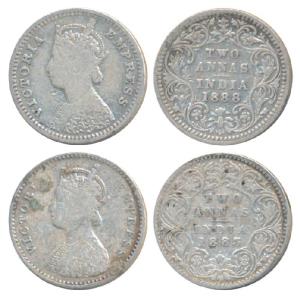 Victoria Empress, Silver 2 Annas (2), 1883, Bombay Mint, B / II / dot, (Prid 530); 1888, B