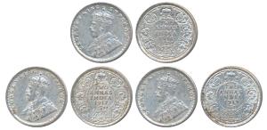 George V, Silver ½ Rupee (3), 1913, 1914, Bombay Mint; 1917, Calcutta Mint. Extremely Fine
