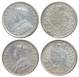 George V, Silver ½ Rupee, 1926, Bombay Mint, (Prid 348); 1936, Bombay Mint, (Prid 350). Ab