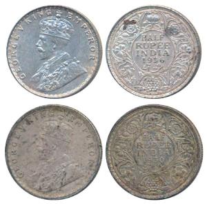 George V, Silver ½ Rupee, 1930, Calcutta Mint (Prid 332); 1936, Bombay Mint, (Prid 350). E