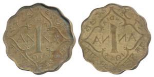 George VI, Nickel-Brass 1 Annas, 1943, Error, reverse Brockage, nice deep and complete lak