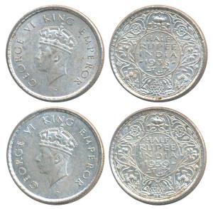 George VI, Silver ½ Rupee (2), 1938, Bombay Mint, A / I / dot; 1939, Bombay Mint, A / I / 