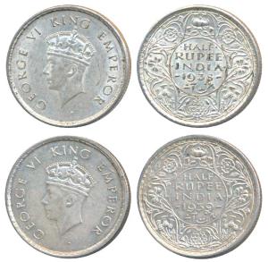 George VI, Silver ½ Rupee (2), 1938, Bombay Mint, A / I / dot; 1939, Bombay Mint, A / I / 