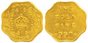 Bombay Mint, Token, Gold Tola, 11.65g, H M Mint, crown within wreath and Bombay below on o