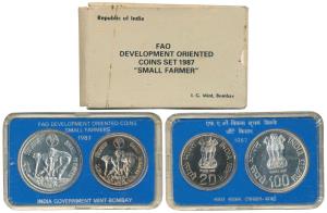 1987, Uncirculated Set, F.A.O. Small Farmers, set of 2, Rupees 20 and 100. In near immacul