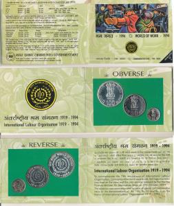 1994 Uncirculated Set, World of work, set of 3, Rupees 5 to 100. In immaculate condition, 