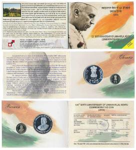 2014 Proof set, 125th Birth Anniversary of Jawaharlal Nehru, set of 2, Rupees 5 and 125. I