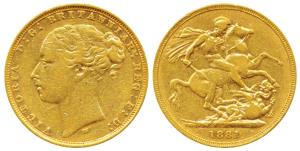 Australia, Victoria, Gold Sovereign, 8g, 1881, Young head, ‘M’ mint mark for Melbourne Min