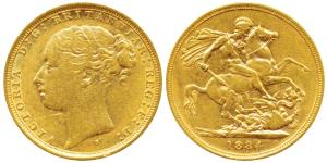 Australia, Victoria, Gold Sovereign, 8g, 1884, Young head, ‘S’ mint mark for Sydney Mint (