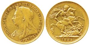 Australia, Victoria, Gold Sovereign, 8g, 1894, Veiled head, ‘S’ mint mark for Sydney Mint 