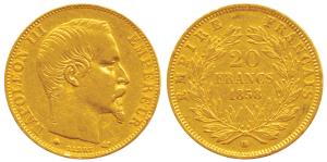 France, Napoleon III, Gold 20 Francs, 6.5g, 1858 BB, Strasbourg Mint, bare head (KM 781.2)