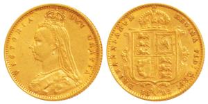 Great Britain, Victoria, Gold ½ Sovereign, 4g, 1892, Jubilee head, rev. Shield (KM 766). V