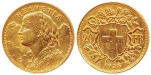 Switzerland, Gold 20 Francs, 6.42g, Bern Mint, draped bust of Helvetia to left and the Swi