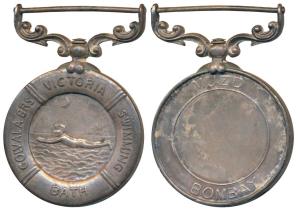 Golvala Brothers Victoria Swimming Bath, Silver Medal, obv. a boy swimming with sun and cr