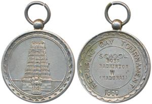 Republic Day Tournament, School Boys Badminton in Madurai, Silver, 31.6g, 1960, obv. Meena