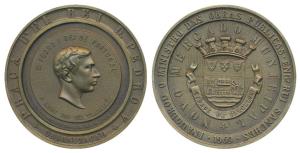 Pedro V (1853-1861), Bronze Medal, rev. coat of arms and his life events. Extremely Fine.