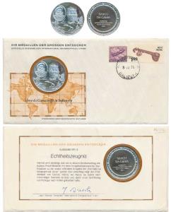 First day cover with hand stamp of Calicut 3.10.75., along with a Silver Medal to commemor