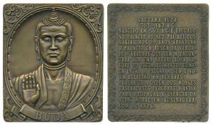 Buddha, Bronze, 268g, obv. Buddha, rev. inscription in French describing his life events. 