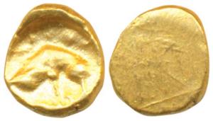 Cholas, Gold Fanam, 0.44g, obv. a crude depiction of a lion curled up with a fish at top, 