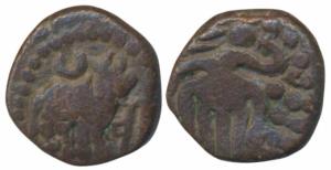 Pallavas of Sendamangalam (1221-1278 AD), Copper Kasu, 3.3g, obv. bull standing facing rig