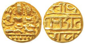 Vijayanagar Empire, Devaraya I (1406-1422 AD), Gold ½ Pagoda, 1.67g, obv. Shiva-Parvati se