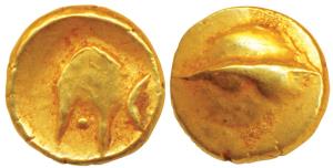 Anonymous, Hudki Gold Pagoda, 3.36g, a boat like uncertain symbol on obv., possibly the Go