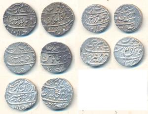 Aurangzeb, Silver Rupee (5), Akbarnagar Mint, RY 29; Bareli Mint, AH 1108/40; Surat Mint, 