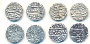 Aurangzeb, Silver Rupee (4), Golkonda Mint, RY 11; Islamabad (Chakan) Mint; Katak Mint, RY