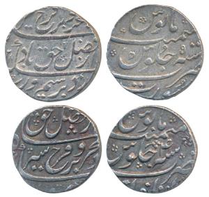 Farrukhsiyar, Silver Rupee (2), Surat Mint, AH (11)28/5; Itawa, RY 4 (KM 377.59 & 377.34).