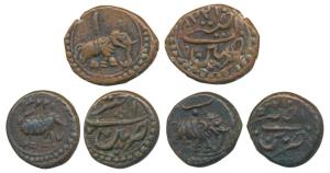 Tipu Sultan, Copper ¼ Paisa (3), 2.92g, 2.73g, 2.87g, three different, Patan Mint, AM 1224