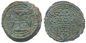 Damao & Bassein, Joao V (1706-1750 AD), Tin 10 Bazarucos, 1734 AD, obv. crown arms divide 