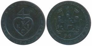 Copper ½ Dub or 1/96 Rupee, 6.71g, 1797, coat of arms of the EIC on obv., bale mark on rev