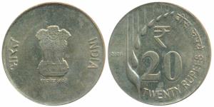 Brass Nickel Rupees 20, 2020, Error / Off-Metal Strike (OMS), struck on a single Brass Nic