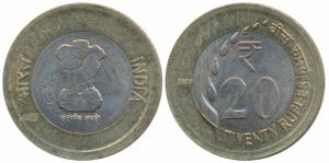 Bi-metal Rupees 20, struck over a Rupee 10 coin (the under type visible on both sides). Ex