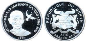 Benin, Silver 500 Francs, 7g, Mahatma Gandhi, 2005. Proof, in plastic case of issue, Rare.