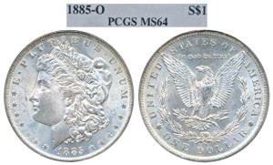 United States of America, Silver Morgan Dollar, 1885 O (KM 110). Graded by PCGS MS64, Rare