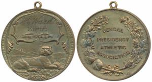 Bengal Presidency Athletic Association Copper Medal, obv. an Indian tiger seated with a su