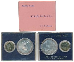 1971 Uncirculated Set, Food For All, set of 2, 20 Paise and Rupees 10. In near immaculate 