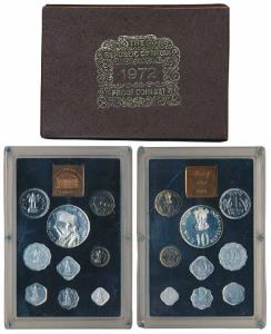 1972 Proof Set, 25th Anniversary Indian Independence, set of 9, 1 Paisa to Rupees 10. In i