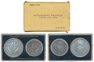 1974 Uncirculated Set, Planned Families Food For All, set of 2, Rupees 10 and 50. In near 