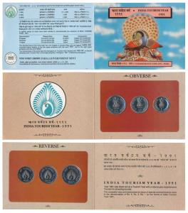 1991 Uncirculated Set, India Tourism Year, set of 3, Rupee 1, 2 & 5. In immaculate conditi
