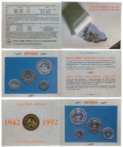 1993 Uncirculated Set, Quit India Movement, set of 4, Rupee 1, 10, 50 & 100. In near immac