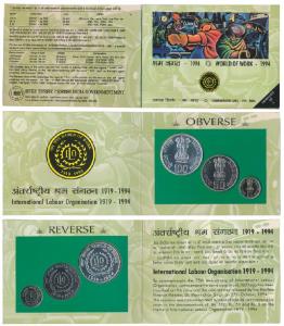 1994 Uncirculated Set, World of work, set of 3, Rupees 5 to 100. In immaculate condition, 