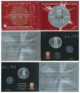 2009 Uncirculated Set, 200th Birth Anniversary of Louis Braille, set of 2, Rupees 2 and 10