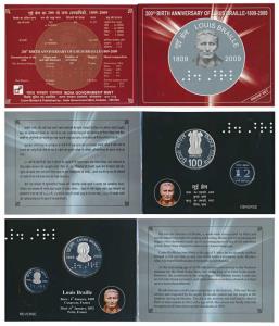 2009 Proof Set, 200th Birth Anniversary of Louis Braille, set of 2, Rupees 2 and 100. In i
